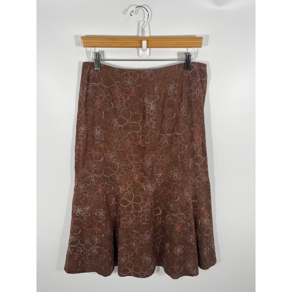 Vintage Y2K Womens Maxi Skirt 10 Brown‎ Floral Forest Fairy 100% Linen